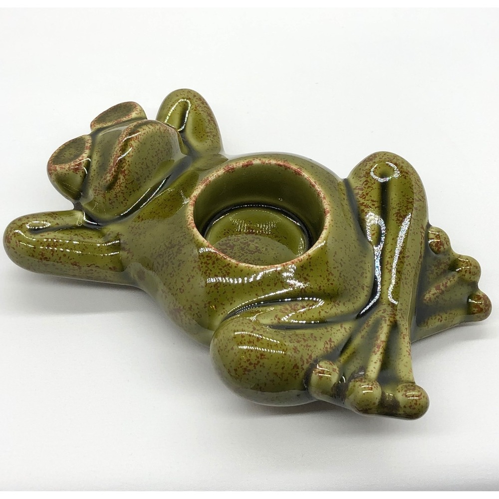 Green Ceramic Lounging Frog Tea Light Candle Holder Sunglasses Whimsical - Picture 1 of 9
